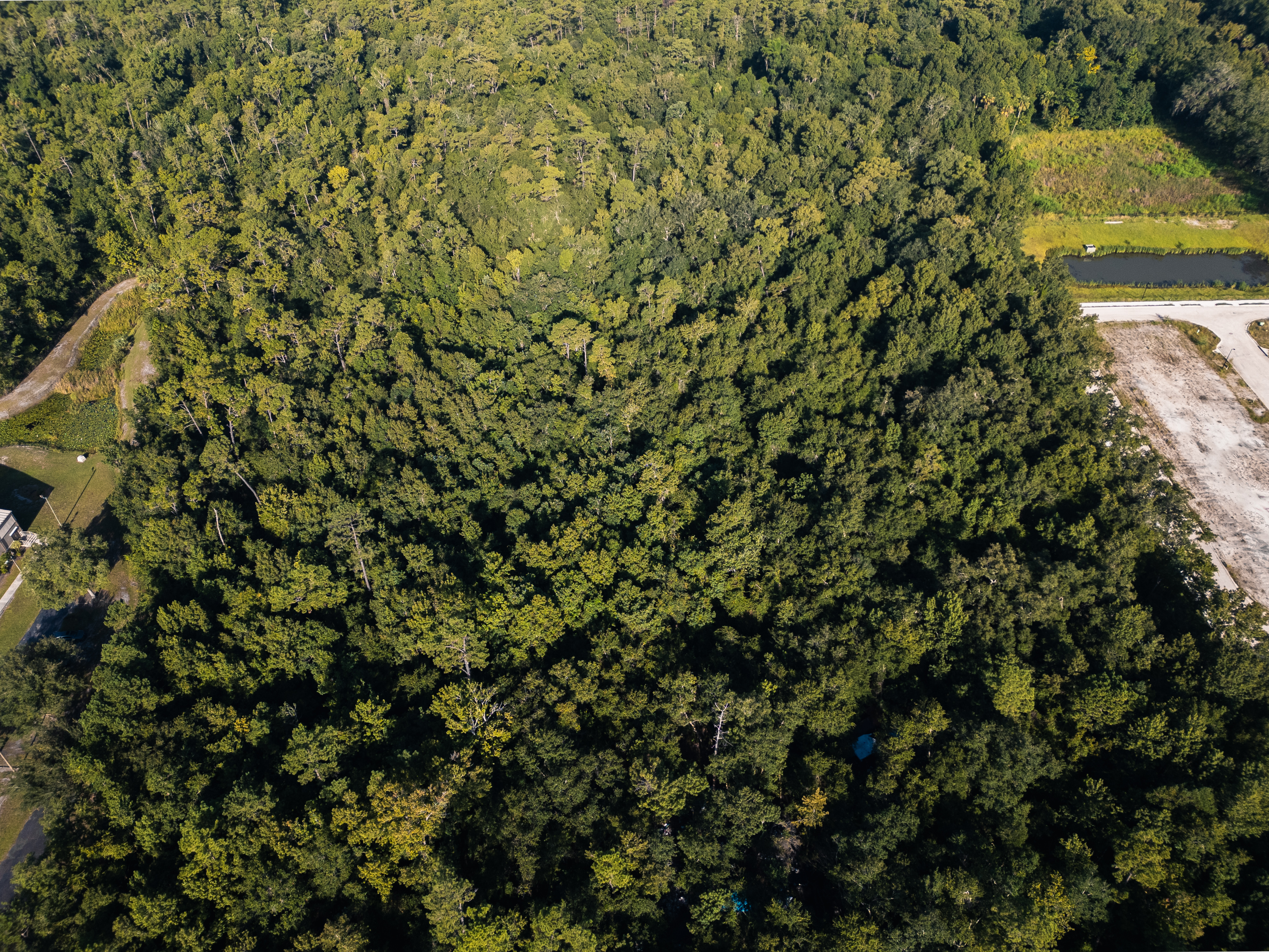 Aerial drone view of both Rouse Road parcels showing road frontage and wooded acreage